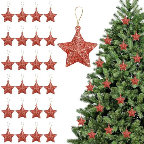 Stella Natale Albero, 24pcs Stelle Pendenti Natale, Decorazioni Stelle Pendenti, Addobbi per l'Albero di Natalia, Adatte per Natalia Appese ad Alberi di Natalino, Caminetti, Finestre(Rosso)