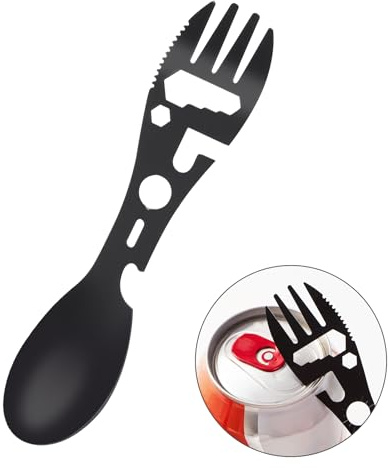 Utility Travel Spork Functional Cutlery Spoon Fork Knife Can Opener Stainless Steel 10 Functions All in One Outdoor Tools for Scouts Camping Travel Eating Tool Reusable Easy to Store Black