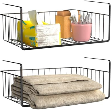 YUENFONG 2er Set Unterregal Hängekorb Metall Aufbewahrungskorb, Einhängekorb Metallkorb Drahtkorb Schrankkörbe Regaleinhängekorb Korb zum einhängen für Küche Bade, 40x25x15cm