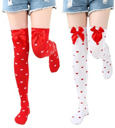 ZhouWei 2 par knästrumpor för kvinnor, hjärtstrumpor med rosett, Overknees strumpor, stretchig rosett höga strumpor, för karneval, fest, alla hjärtans dag, Röd vit, 21-40