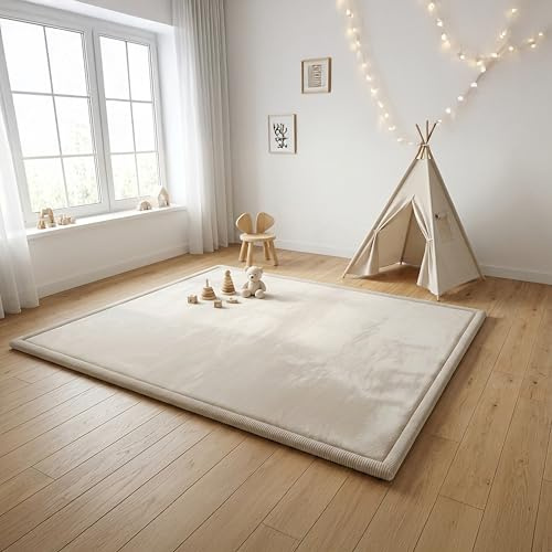 FRIEDO Krabbelmatte Baby I ÖKOTEX Zertifiziert I 140x200cm beige I Extra dick und weiche Spielmatte, Spielteppich I Rutschfester, wasserabweisender Teppich für Wohn und Kinderzimmer I Tatami Matte
