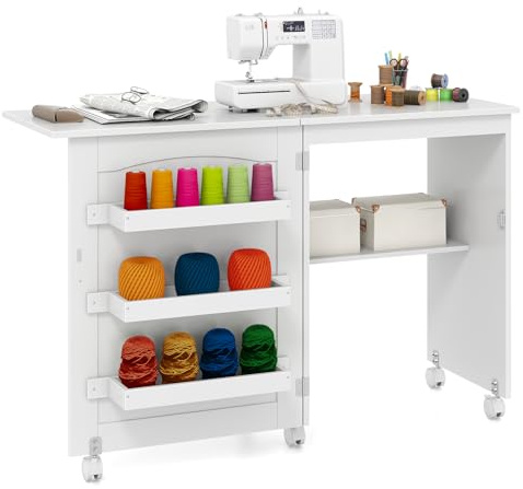 LIFEZEAL Nähmaschinenschrank klappbar, Nähschrank 2 in 1, Schreibtisch Holz mit Haken, Ablage & Rollen, Mobiler Nähtisch Nähmöbel für Zuhause & Büro (Schneeweiß, 117 x 40 x 77cm)