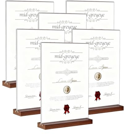 midgreyeye 6pcs A5 Premium Acrylic Sign Holder with Wooden Base A5 Display Stand for Office, Restaurant, Café, Shop, Wedding