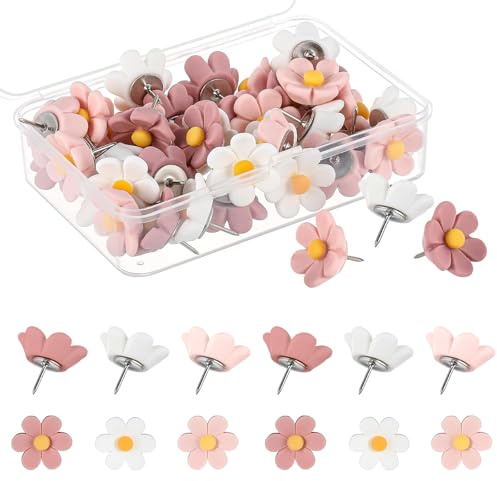 Wanheart Drawing Push Pins - 30Pcs Flower Drawing Pins,Thumb Tacks for Cork,Drawing Pins for Notice Boards and Maps & Crafts - Perfect for School & Office Use