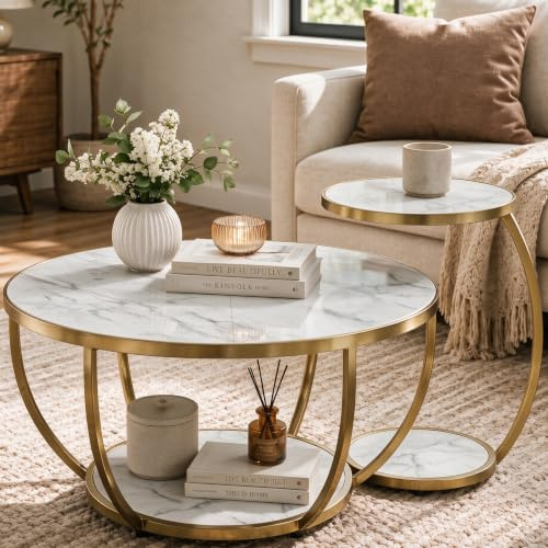 Wumagin Couchtisch Rund, Satztisch 2er Set, Coffee Table mit weißem Marmoreffekt mit Lagerung Regale, Industrial 2-Tier-Kreis Couchtisch für Wohnzimmer, Home Office (Weiß)