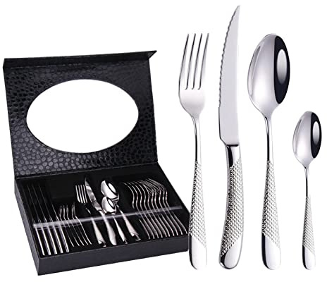 Juego de Cubiertos de Acero Inoxidable, 24 Piezas, con Estuche de Cuero, Incluye Cuchillo, Tenedor y Cuchara (Plata, 24 Piezas)