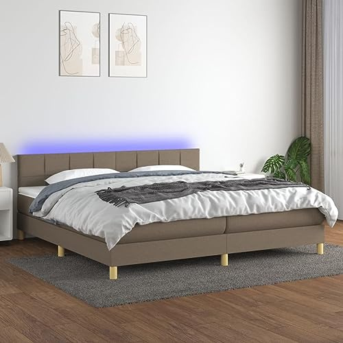 Mokuyary resårsäng med madrass och LED-brungrå 200 x 200 cm tyg, sängram, säng med ribbotten, plattform, sängram, enkel montering för sovrum, gästrum – E