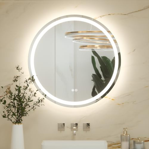 Keonjinn 70cm Rund Badspiegel mit Beleuchtung, Badezimmerspiegel mit Beschlagfrei Touch Schalter Speicherfunktion 3 Lichtfarben Dimmbarer LED Bad Spiegel Ohne Rahmen Wandspiegel