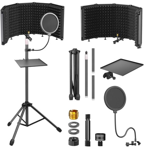 Studio Recording Microphone Isolation Shield with Pop Filter &Tri-Stand Kit and Phone Clip Foldable Triple Layer Sound Proofing,5-Sided Studio Mic Cover for Recording,Podcasting,Streaming,Singing
