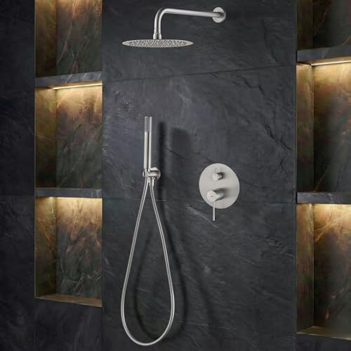 IMEX - Ducha Empotrada Níquel Monomando | Conjunto de Grifería Empotrado con Alcachofa y Rociador Antical Efecto Lluvia | Columna Ducha Empotrada con Grifo en Latón y Acero Inox S.304 | Serie Génova
