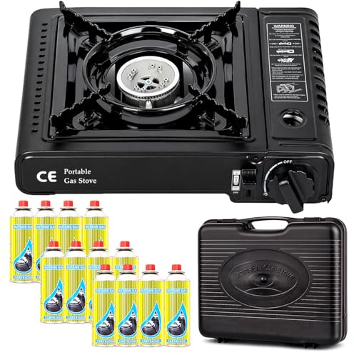 Greenfields Portable Camping Stove Gas Cooker with Piezo Ignition, Compact Butane Burner with Carry Case, Adjustable Flame Outdoor Cooking Stove Camping Picnic Travel (Camping Stove + 12 Butane Gas)