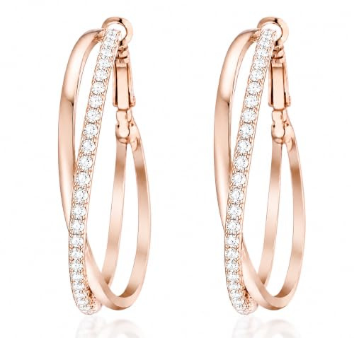 Gemini Creolen (Gold, 18K), attraktive Glitzer & Strass Elemente, Luxus Design, Rundform, für jeden Anlass, beliebt bei Girls & Damen, 0,6 cm Weite