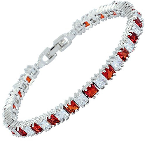 [RIZILIA Cubos de hielo] Tenis Pulsera [18cm/7inch] con Corte Princesa Piedras Preciosas Circonita CZ [Rubí Rojo] en 18K Chapado en oro blanco, Elegancia Moderna Sencillo