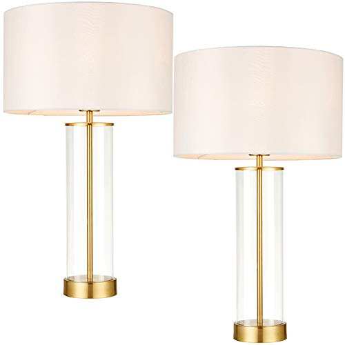 2-pack | 40 W E27 | 570 mm hög modern touch dimbar bord ljus | guld och glasstam bas och vintage vit nyans | rund elegant sovrum sängbord sidobord kontor skrivbord läsfunktion belysning
