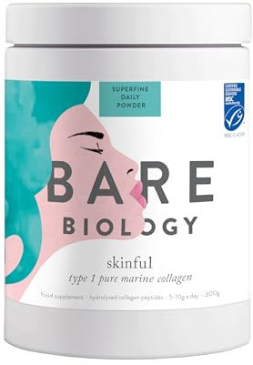 Bare Biology Skinful Pure Marine Collagen Powder. 300g/60 Servings. Premium Quality Type 1 Peptide Collagen Supplements for Women.