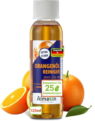 AlmaWin® Orangenöl Reiniger EXTRA STARK [125ml] ideal als starker Allesreiniger & Fettlöser - Veganes Orangenreiniger Konzentrat mit fruchtigem Duft - Besonders ergiebiger Orangenölreiniger