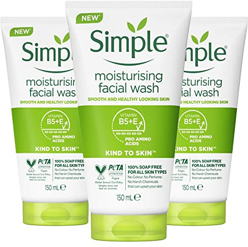 Simple Kind to Skin Moisturising Facial Wash, 100% Soap Free, Sensitive Skin, 150ml - Pack of 3