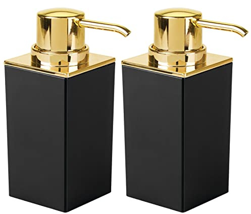 mDesign 2er-Set Seifenspender wiederbefüllbar – praktischer Pumpseifenspender mit ca. 300 ml Füllmenge – edler Lotionspender aus Kunststoff fürs Bad – schwarz und messingfarben