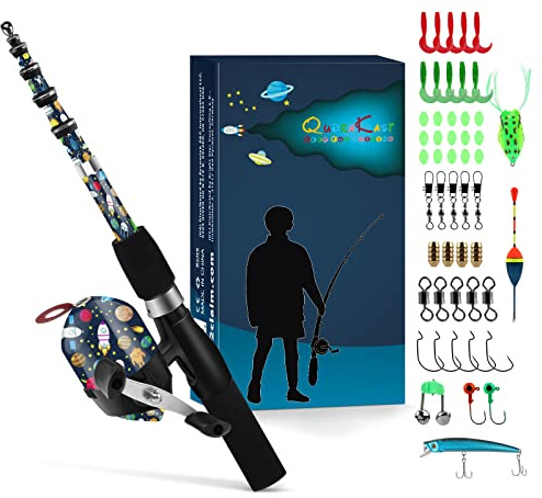 QudraKast Kids Fishing Poles for Boys Girls Under 10, Portable Telescopic Fishing Rod and Reel Combo kit with Spincast Fishing Reel Tackle Box, Universe Travel Pattern