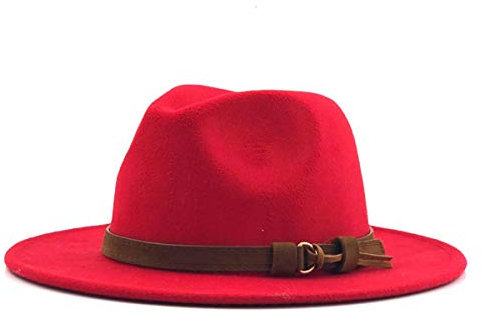 Cozylkx Fedora Hut Für Winter, Damen Wollfilz Fedora Hut Mit Gürtelschnalle Breiter Krempe Jazz Caps Woll Fedora Hut, Rot