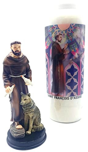 CRIGEMA - Kit Devozionale San Francesco d'Assisi - Statua in Resina di 13 cm e Candela di Preghiera Novena 18x7 cm 216 Ore di Combustione 100% Vegetale