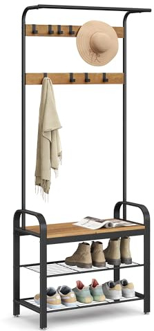 VASAGLE Coat Rack, Coat Stand with Shoe Storage Bench, 4-in-1 Design, with 9 Removable Hooks, a Clothes Rail, for Hallway, Entrance, 33.7 x 72 x 183 cm, Industrial, Rustic Walnut and Black HSR040B41