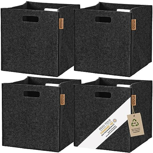Miqio® Design Aufbewahrungsbox Filz 4er Set | 30x30x30 cm | Organizer Faltbox | Aufbewahrungskorb | Regalbox Kallax Einsatz | Dunkelgrau