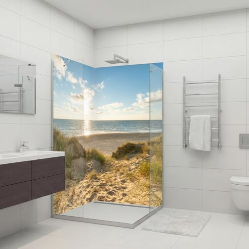 dedeco Eck-Duschrückwand wasserfest Motiv: Dünengras V4, UV-Lack matt, 2 x 100x210 cm, als Badrückwand zum Fliesenersatz, als Dekorwand, Wandverkleidung und Duschplatte aus Aluminium - Made in Germany