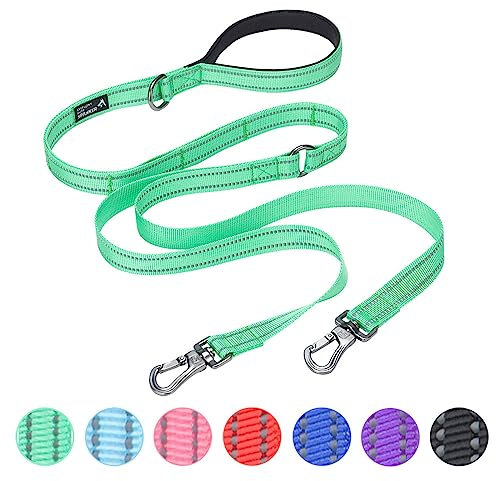 EXCELLENT ELITE SPANKER 5FT Doppelte Leine Reflektierende Nylon Hundeleine Mehrfache Hundeleine mit gepolstertem Griff für Zwei Hunde Training Gehen（Grün）