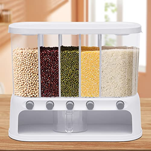 Distributeur de riz, distributeur de céréales mural à 5 grilles - Récipient de stockage de céréales avec 1 tasse à mesurer, distributeur automatique de céréales pour la cuisine à domicile 10 kg / 22