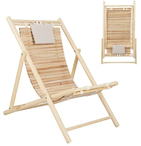 COSTWAY Folding Deck Chair, 3-Position Adjustable Outdoor Sling Chair Seaside Sun Lounger with Cushioned Headrest, Portable Solid Wood Garden Chair Recliner for Beach, Patio, Lawn and Poolside