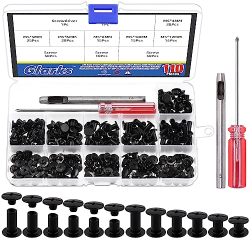 Glarks Chicago-Schrauben, Ledernieten mit Stanzer und Schraubendreher-Set, M5 x 4/5/6/8/10/12 mm, Chicago-Knopf-Bindung, Nagelnieten für DIY-Lederhandwerk, Buchbinderei, Schwarz, 110 Sets