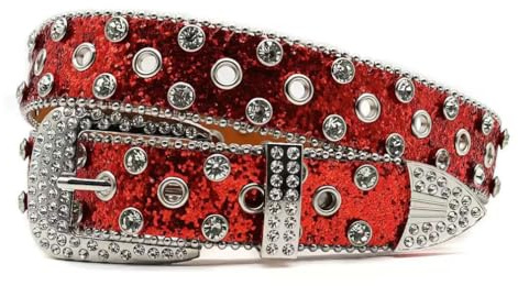JIARY Diamant Persönlichkeit Breiter GürtelStrass Nietengürtel für Frauen, Western Ledergürtel für Cowgirl Cowboy Vintage Gürtel für Hosen Kleid,Rot,105CM/41.3''