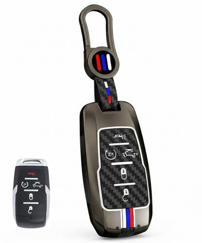 YONUFI Schutzhülle für Dodge Ram 1500 Schlüsselanhänger, Metallgehäuse, Smart-Schlüsselhalter-Schutz, Carbon Fiber, 5 Button
