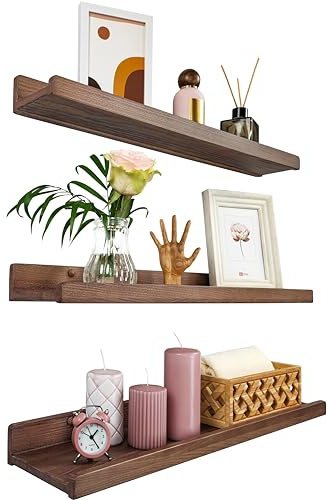 Wood Wedge Wandregal 60cm, Regal Wand Holz 3er-Set, Hängeregal Wandhalterung Regalbrett, Modern Schweberegal, Schmales Bilderleiste für Badezimmer, Wohnzimmer, Küche, Schlafzimmer (Nussbaum)