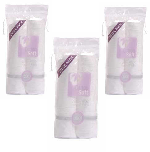 Temas Wattepads aus reiner Baumwolle, 3 Stück (6 x 100 Stück) – nicht Vlies und Schuppen, 100 % Baumwolle Bio für Make-up-Entfernung, Reinigung, Gesichtsschönheit, Nägel Maniküre
