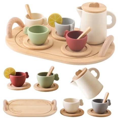 Tea Party Set for Kids, Wooden Tea Set for Little Girls and Boys, Kids Play Kitchen Accessories Toy Dishwasher Safe Tea Set for Toddler, Pretend Play Toddler Tea Set Ideal Christmas Birthday Gift