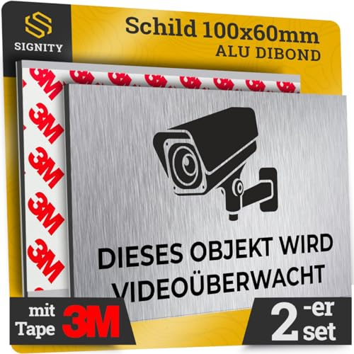 2-er SIGNITY Schild Videoüberwachung ([100x60mm, 100% Alu, 3M Tape]) - Alu Warnschild Kamera Überwachung - ideal zur Kamera Attrappe - Aluminium Schild - Achtung Videoüberwachung für Privatgrundstück