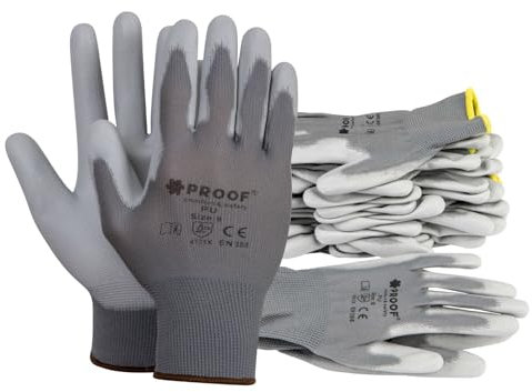PROOF COMFORT & SAFETY - Guanti rivestiti in poliuretano, 10 paia, taglia 9, colore grigio. Guanti edilizi, da lavoro protettivi montaggio.