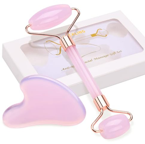 LUCKLING Rose Quartz Gua Sha and Jade face Roller Set,Gua Sha Stone and Face Roller are Skincare Tools for Women,Facial Massager Roller Use for Face,Eye,Neck,Relieve Fine Lines and Firming Facial