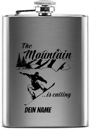 Flachmann mit Gravur aus Edelstahl selbst gestalten - The mountain is calling! - mit Name gravieren - Geschenk Wandern Skifahren - Praktische Taschengröße | Silber, 226 ml