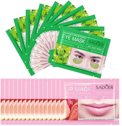 MEICOLY 30 Pads Lip and Eye Mask Sheet,Moisturizing Seaweed Eye Mask Crystal Anti-Aging Eye Patches Strawberry Lip Mask,Dark Circle Remover with Box,Lip and Eye Mask Set