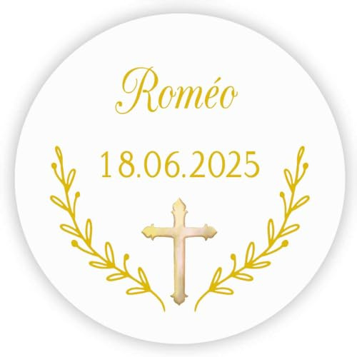 MameArt 50stk Aufkleber Personalisiert Taufe, Kreuz 4cm Stickers Taufe Kommunion Feste Geschenke Präsente (Gold)