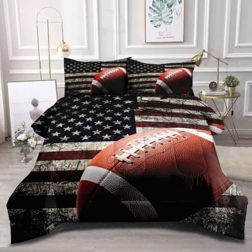 GRAT TIOC American Football Comforter Set for Boys Teens,Kids Sports Bedding Set Full Size,USA Flag Football Printed Bedroom Sets with 2 Matching Pillow Shams