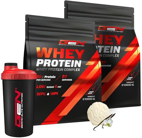 2 kg Whey Protein Komplex + Premium Shaker - Mit Isolate Anteil - Instant lösliches Eiweiss Protein Pulver mit BCAA & EAA - German Elite Nutrition - (2 x 1000 g Vanille Ice Cream)
