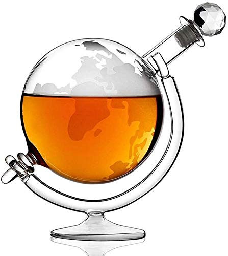 Flaschenregal, Weinregal, Weinglashalter, großer Globus-Dekanter, 1000 ml, Glas, Weltkarte, Globus, Whisky-Dekanter, Weinkaraffe auf Wiege, mundgeblasener, geätzter Glas-Getränke-Dekanter für Tequil