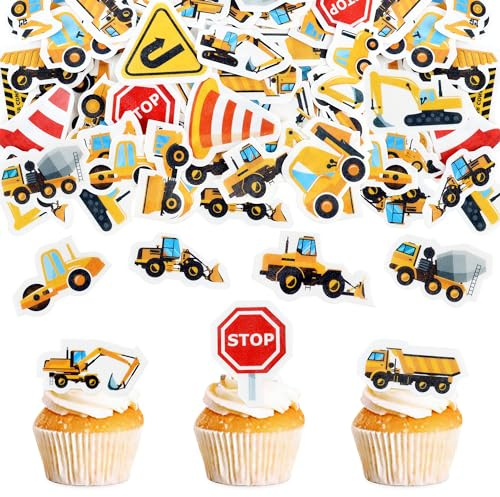 64Pcs Edible Excavator Cupcake Toppers Dump Truck Excavator Tractor Party Edible Cake Decorations for Kids Birthday Baby Shower Party Decorations Supplies