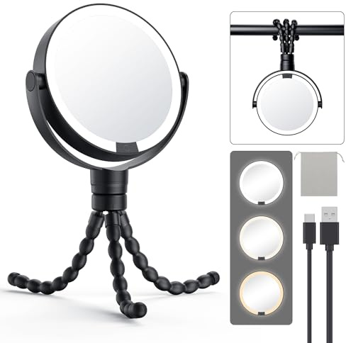 Gospire Reise-Make-up-Spiegel mit Lichtern und Vergrößerung, 14,9 cm, 4-in-1, zum Aufhängen, 3 Lichtfarben und einstellbare Helligkeit, Schwarz