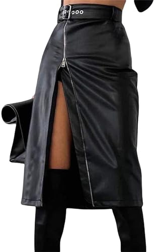 Gonna in Ecopelle da Donna Gonna Longuette Divisa con Cerniera a Vita Alta Gonna da Club in Pelle PU a Tubino a Trapezio (Color : Black, Size : Medium)