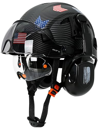Aolamegs Safe Hard Hat with Ear Protection and Double Visor - Carbon Pattern Hard Hats with Safety Glasses and Earmuffs Construction OSHA Approved for Men, Vented Safety Helmet Hard Hat with Strap